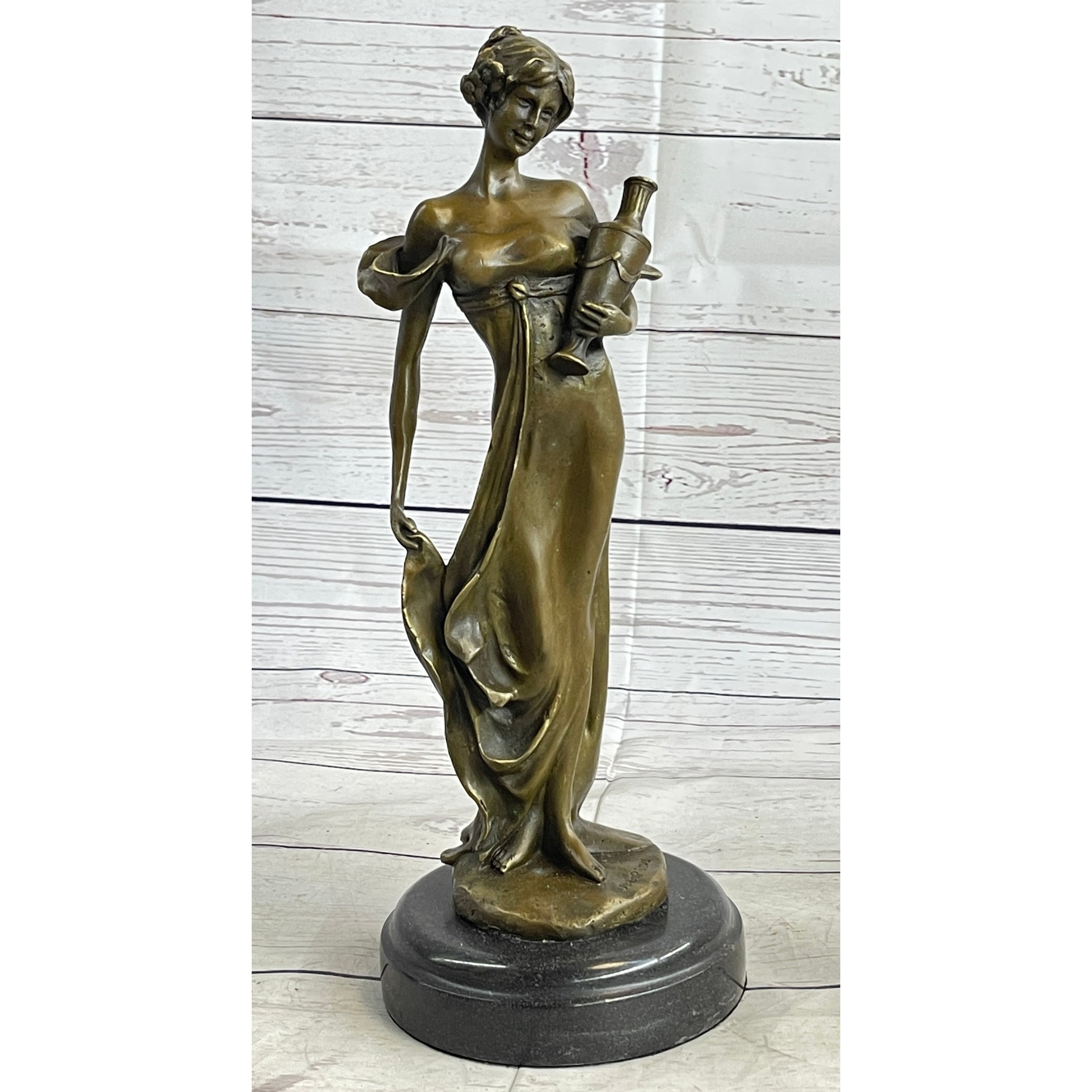 Girl Holding Vase Bronze Statue Sculpture Figure Marble Base French Art 13 Inches X 5 Inches