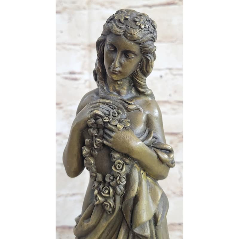 Young Girl Holding Floral Wreath Lei Bronze Statue Sculpture Figure 13 Inches X 4 Inches