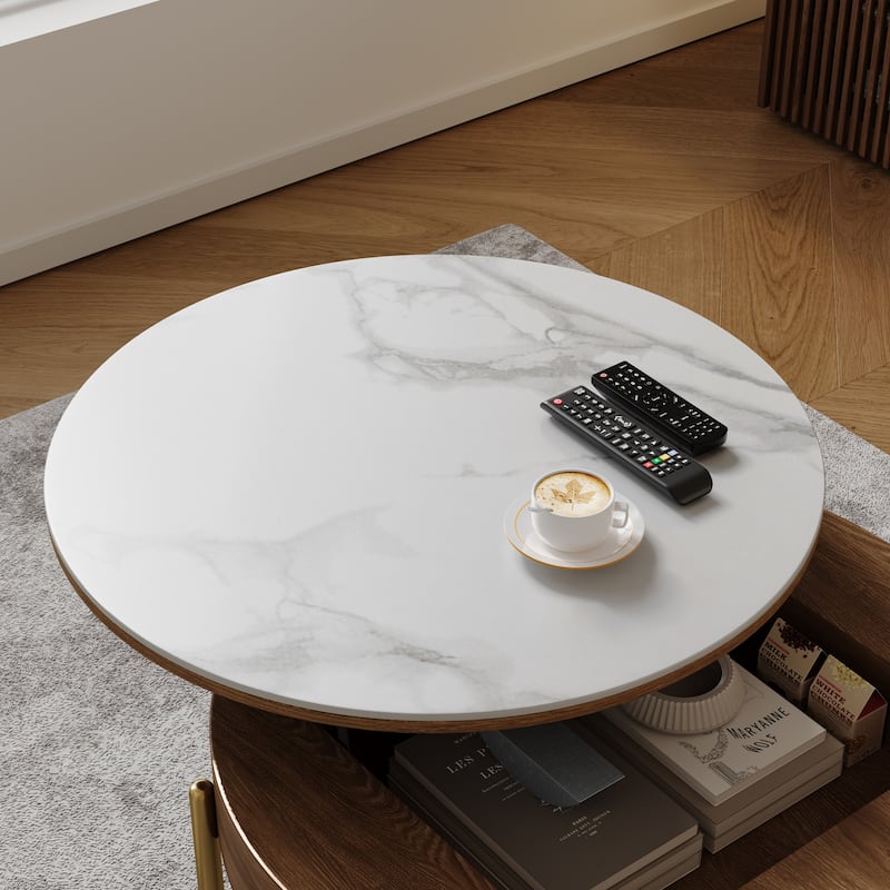 Modern Coffee Table, Lifting-top Round Coffee Table with Storage, Sintered Stone Top, Carbon Steel Legs