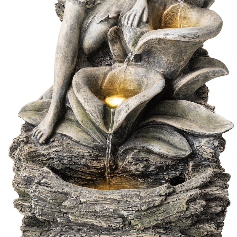 Glitzhome 22"H 4-Tiered LED Lighted Mermaid Fairy Polyresin Outdoor Floor Statue Fountains