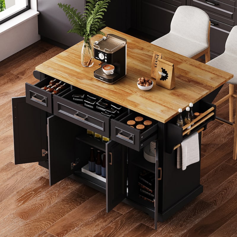 54" Rolling Kitchen Island on 4 Wheels with Drop Leaf and 4 Doors and 3 Drawers