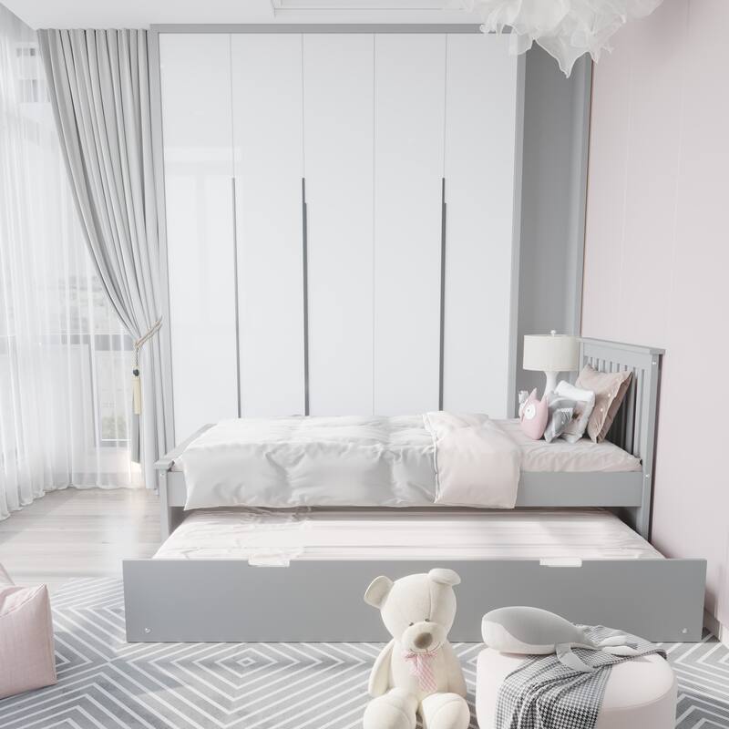 Twin Size Solid Wood Trundle Bed Frame with Pull-Out Toddler Bed and Heavy Duty Kids Bed