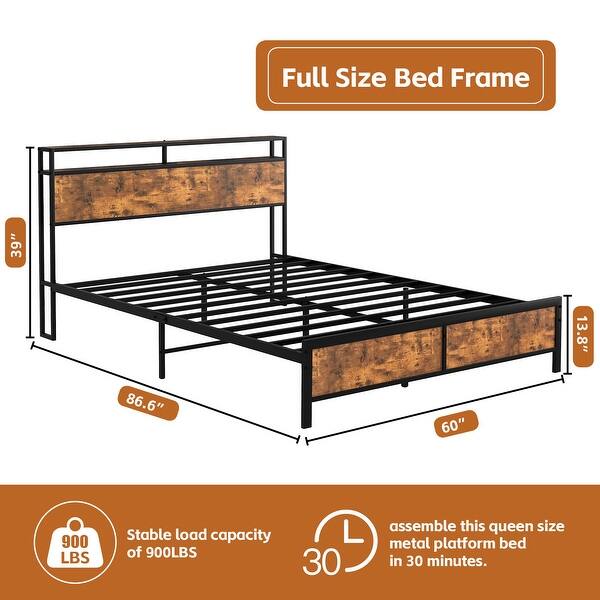dimension image slide 1 of 3, Rustic Brown Full Size Metal Industrial Bed Frame with LED Lights and USB Ports
