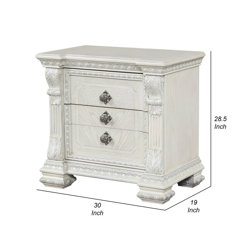 Naddy Nightstand, 2 Drawers, USB, Wire Brushed White Wood, 30 Inch