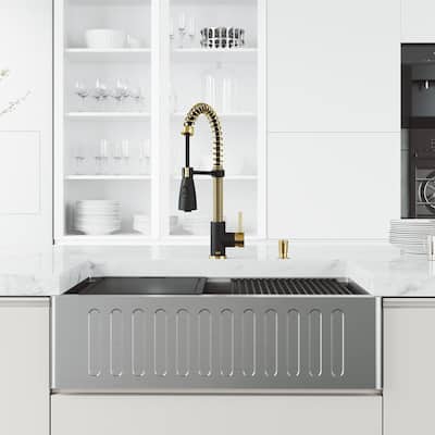 VIGO 33-inch Matte Stone Farmhouse Kitchen Sink and Edison Faucet Set