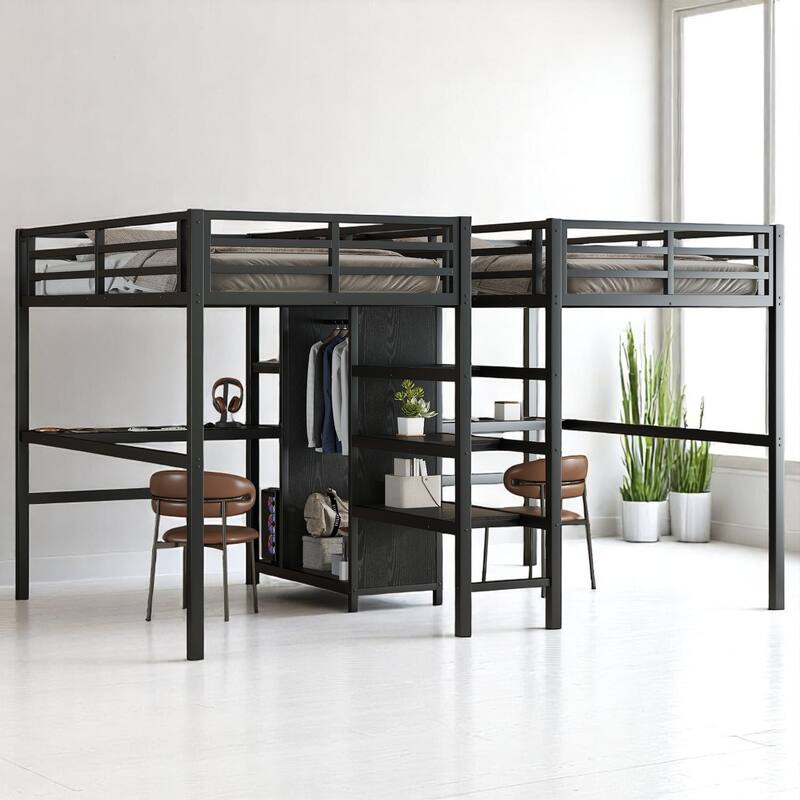 Twin Over Twin Metal Loft Bed with Dual Desks, Wardrobe, Charging Ports & Storage Shelves, Space-Saving Design for Kids & Teens