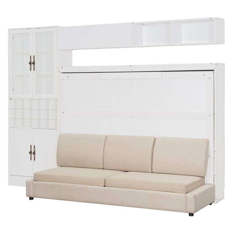 Queen/Full Size Murphy Bed Wall Bed with Sofa, Shelves, USB & Light