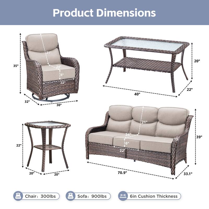Meyreso 7-Piece Wicker Patio Conversation Set with Swivel Gliders and 6-Inch Thick Cushions