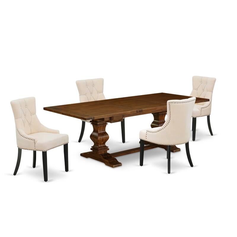 East West Furniture Dining Room Set- a Wooden Table and Light Beige Linen Fabric Dining Chairs, (Pieces & Finish Options)