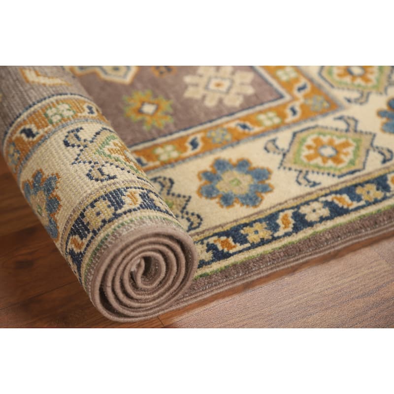 Geometric Brown Kazak Oriental Accent Rug Handmade Wool Carpet - 2'9" x 4'2"