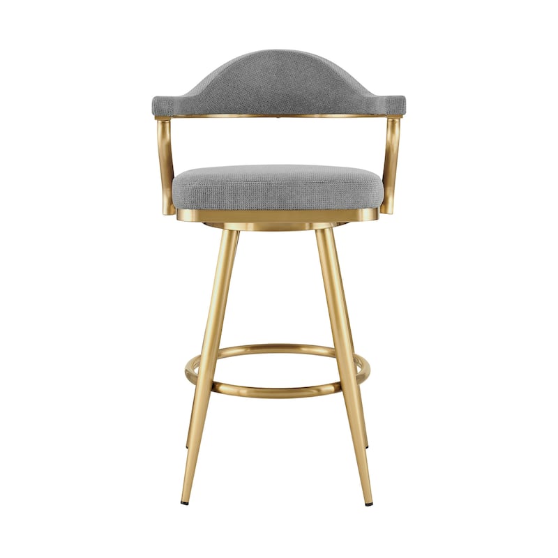 HomeRoots 30" Gray and Gold Fabric and Stainless Steel Low Back Bar Height Swivel Bar Chair