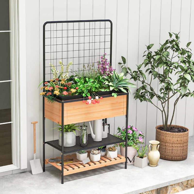 Costway 59" Raised Wooden Garden Bed with Metal Trellis Open Storage - See Details