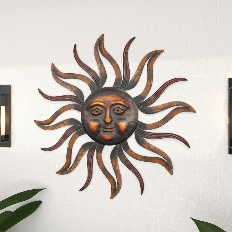 Brass Metal Sun Home Wall Decor with Distressed Copper Like Finish
