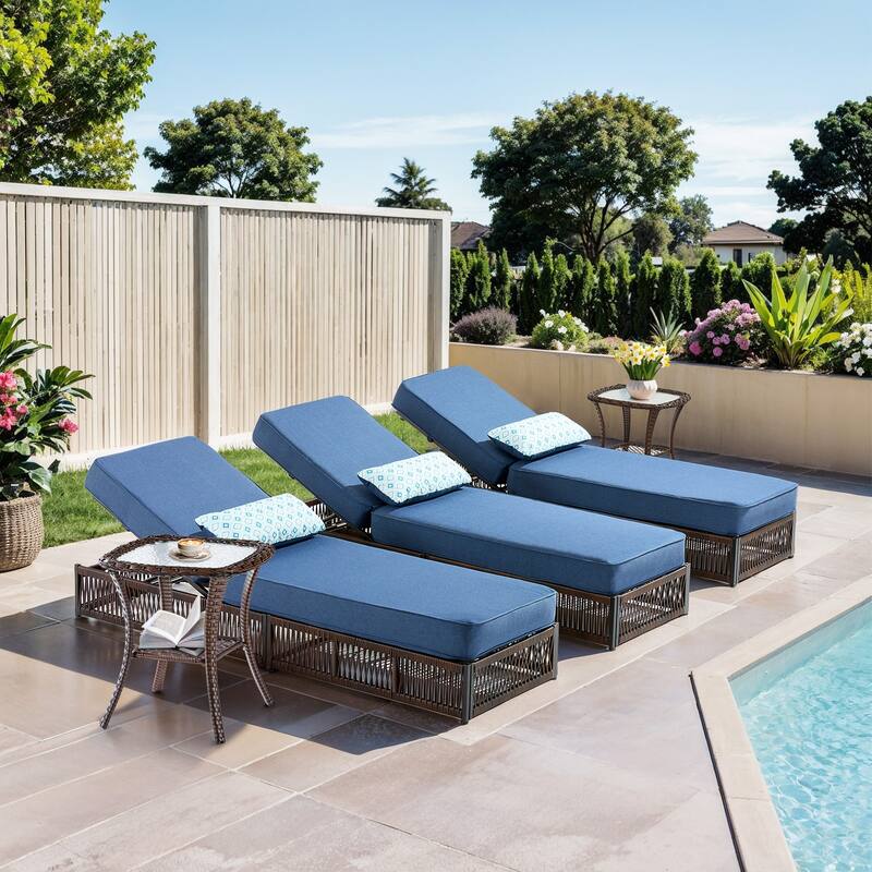 Pocassy Outdoor 5 Inch Reclining Chairs with 5 Adjustable Backrest - 5-Piece Brown Wicker Blue Cushion