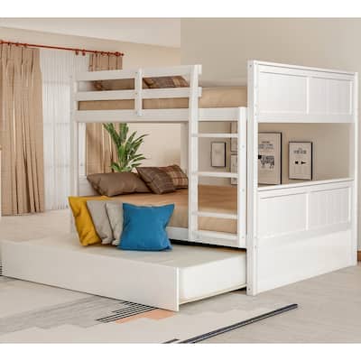 Hot Sale Trundle Bed, Convertible Full Over Full Bunk Bed with Pull-Out Twin Trundle, Safety Rails, Ladder, Pine Wood Frame