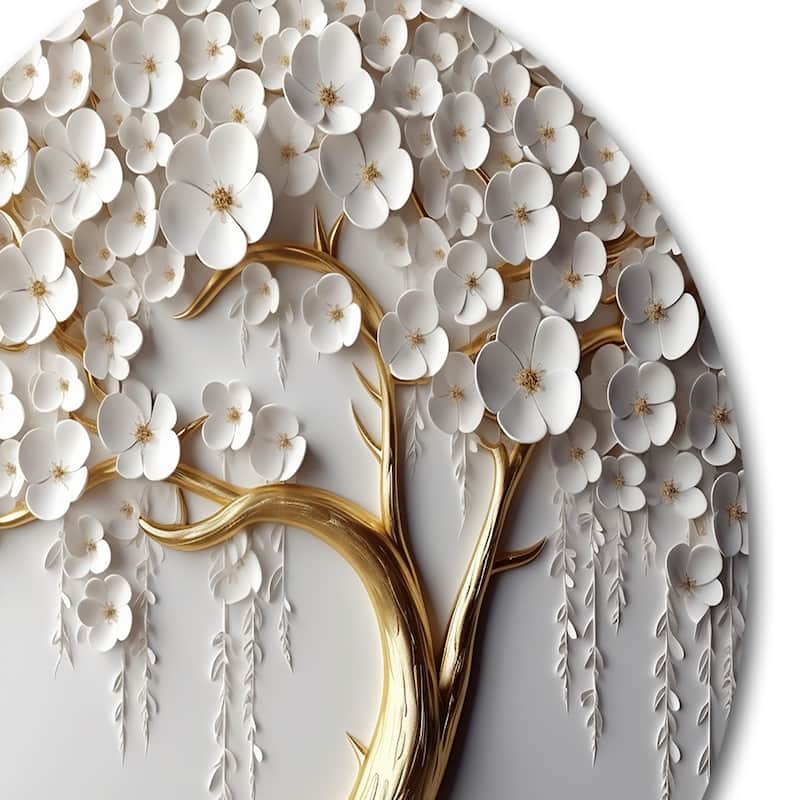 Designart "White Orchid Tree Garden Of Branches II" Tree Floral Metal Round Wall Art