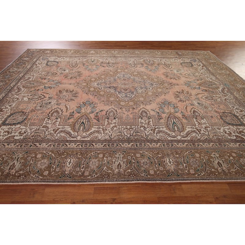 Distressed Tabriz Persian Vintage Rug Hand-Knotted Wool Carpet - 9'5" x 12'3"