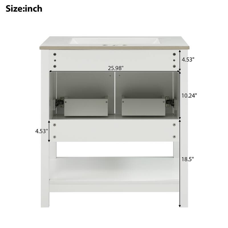 30" Freestanding Bathroom Vanity with Ceramic Sink, Gold Handles, Open Shelf, Soft-Close Doors, Small Space Design