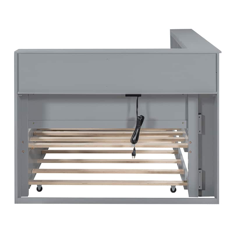Twin Size Wooden Daybed Frame with Trundle & Storage Shelf