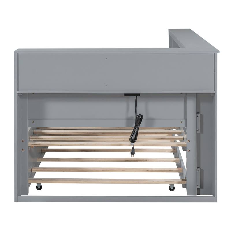 Wooden Daybed Frame with Trundle, Storage Shelf & USB Ports