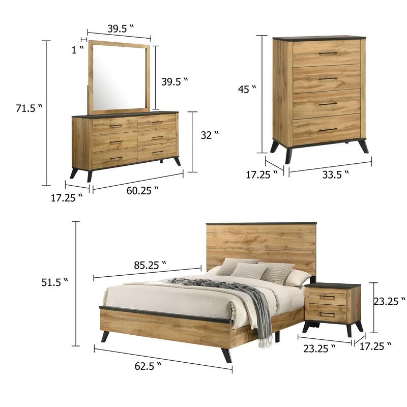 Wemy 5 Piece Queen Size Bed Set, Rustic Brown Pine Wood, Tapered Legs