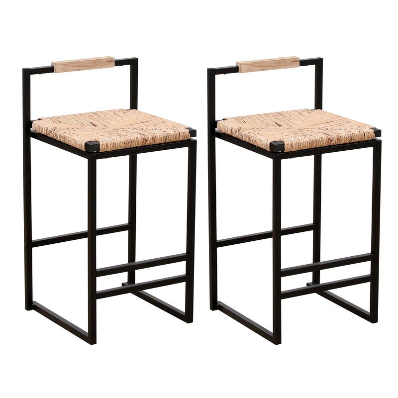 Set of 2 Barstools, Upholstered/Back Paper Rope Woven Bar Stools, Modern Metal Frame Dining Chairs for Counter, Kitchen Island
