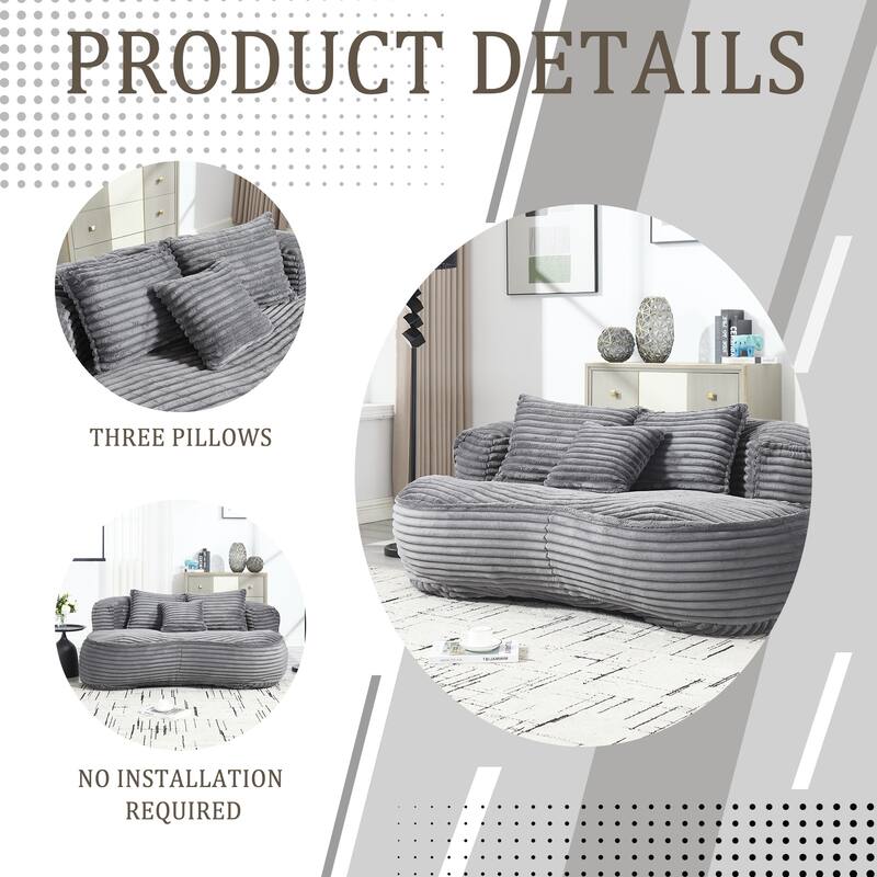Corduroy Bean Bag Chair, Foam-Filled Lazy Floor Sofa with 3 Pillows, Soft Upholstered Lounge Chair for Adults & Teens