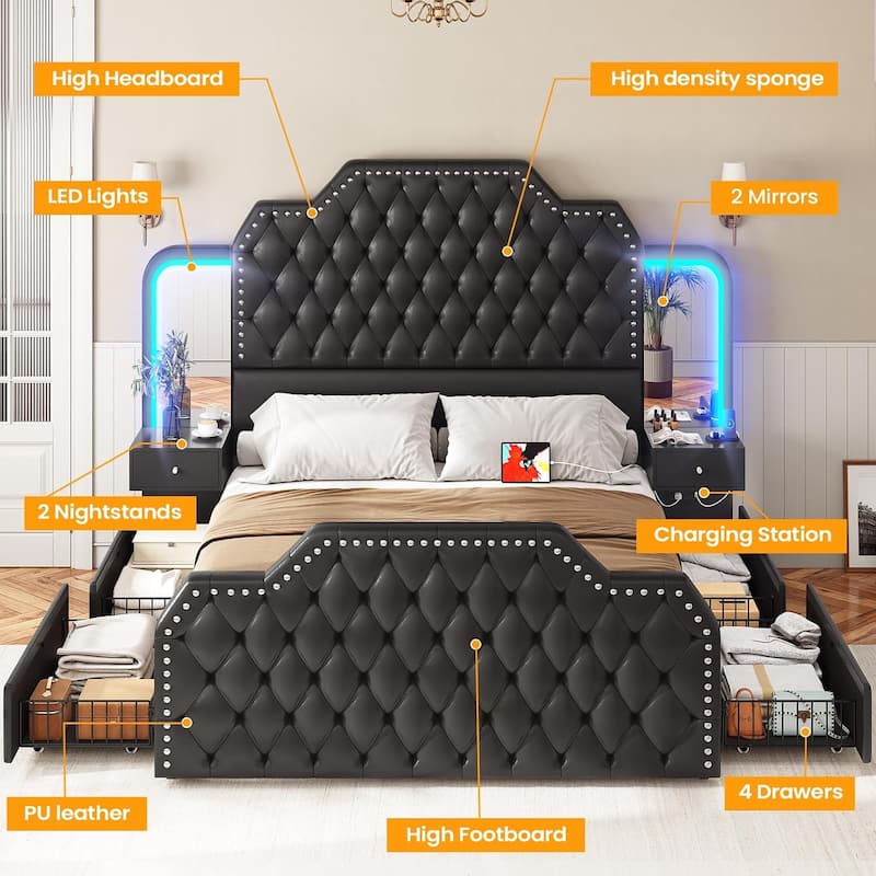 Queen Bed Frame 53" Tall Headboard 4 Drawers 2 Nightstands Mirror