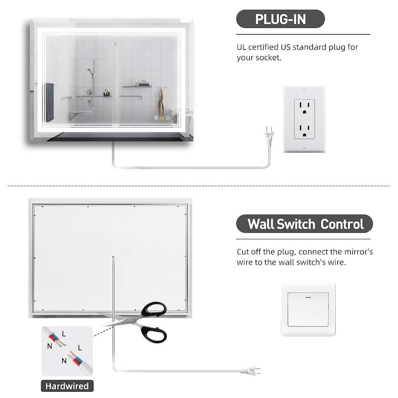 RS Rectangular Wall Mount Vanity Mirror with Lights for Bathroom, 3 Colors Dimmable LED, Anti-Fog, Memory Function