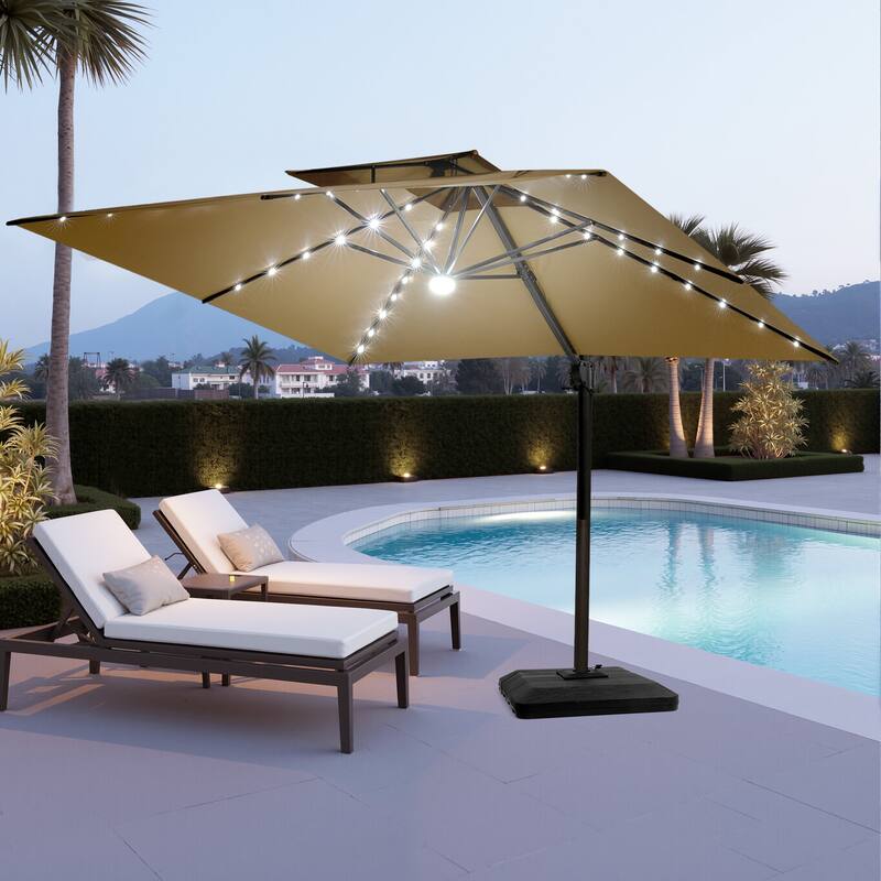VredHom 11X11 FT Outdoor Square Cantilever Patio Umbrella Aluminum Solar LED Light with HDPE Base - Tan