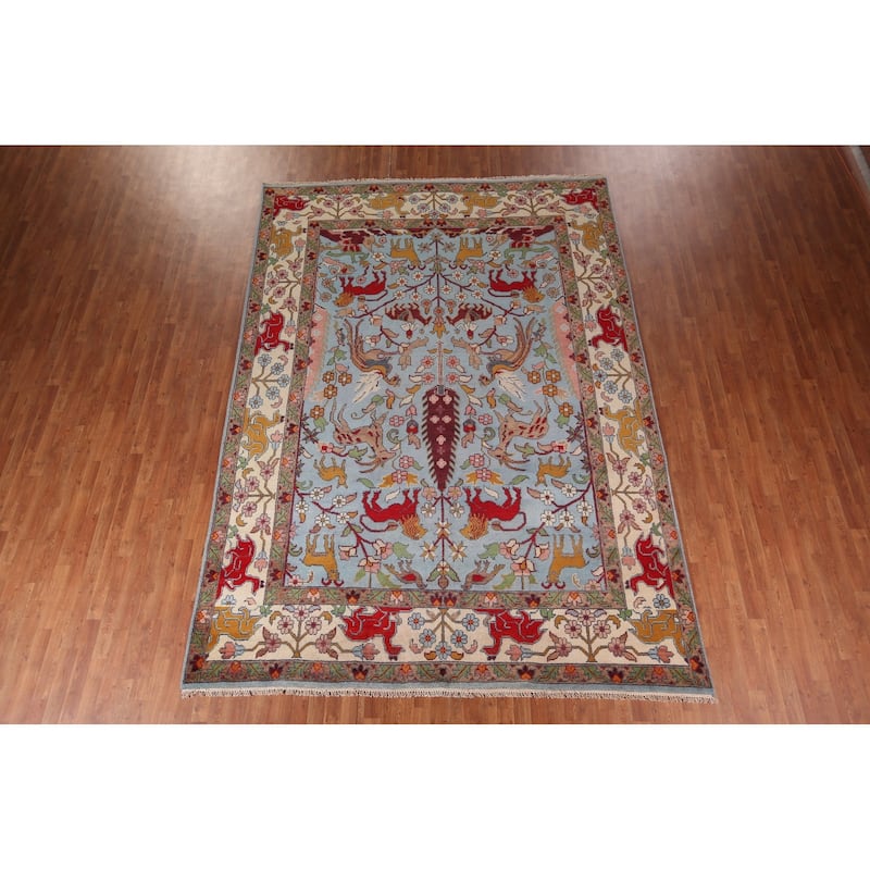 Hunting Animals Blue Ziegler Indian Area Rug Hand-Knotted Wool Carpet - 8'10"x 12'2"