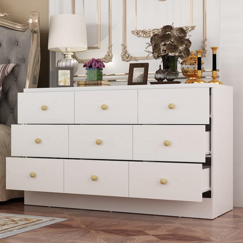 9-Drawer White Dresser with Gold Knobs – Modern Storage Solution