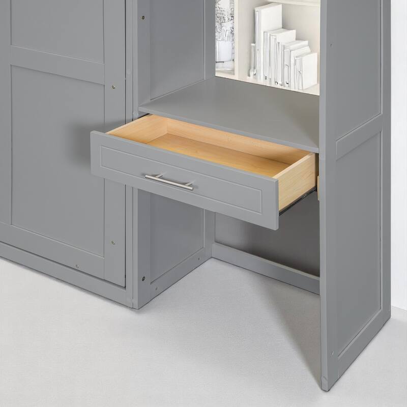 Foldable Queen Murphy Bed with Desk, Top Cabinet, Bookshelves - Space-Saving Wall Bed Design
