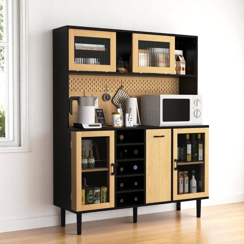 Farmhouse Kitchen Pantry Cabinet 59" High with Power Outlet, Wine Rack, Drawer, and Storage Doors