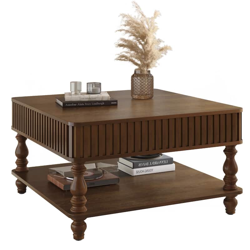 31.5 Inch Square Fluted Lift-Top Coffee Table with Hidden & Open Storage