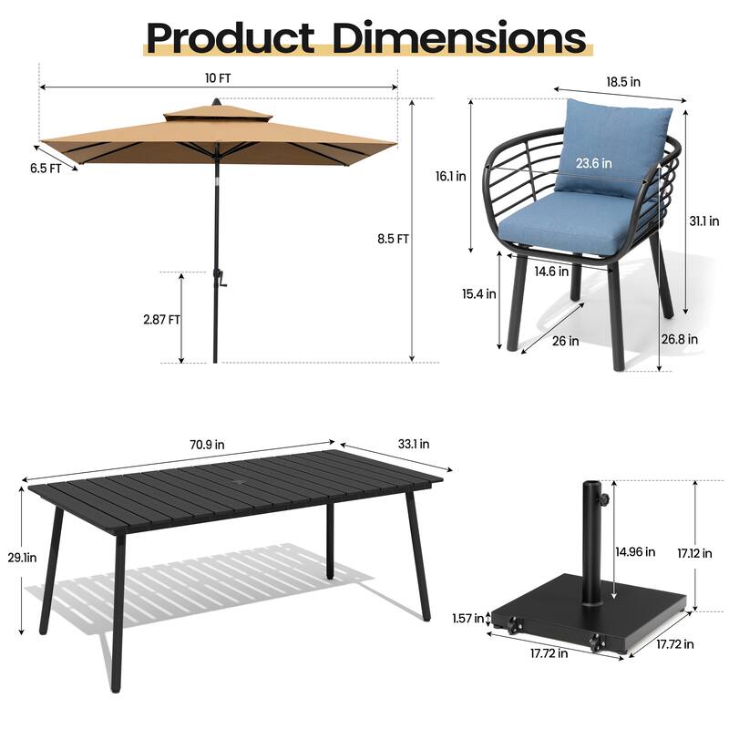 9PC Outdoor Patio Dining Set Aluminum Table with Sunbrella Cushion Chairs w/ Premium Market Umbrella Sets