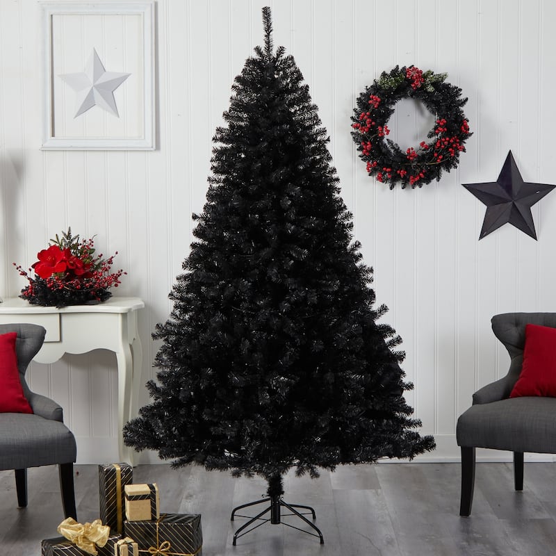 7ft Black Christmas Tree Pre-Lit - Artificial Holiday Tree with Clear Lights & Bendable Branches - 84