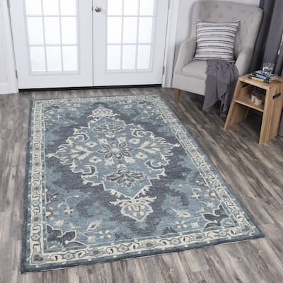 Alora Decor Cascade Blue, Grey, and Ivory Medallion Hand-tufted Wool Rug