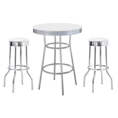 Loy 3 Piece Retro Bar Table Set, Round White Top, 2 Stools, Chrome