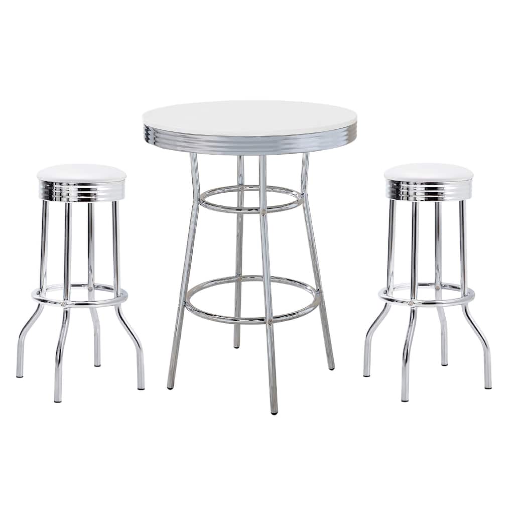 Loy 3 Piece Retro Bar Table Set, Round White Top, 2 Stools, Chrome