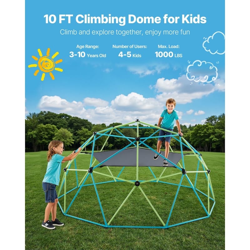 10 Feet Kids Climbing Dome Jungle Gym with Swing and Hammock Outdoor Playground for 3-10 Years - 120 x 120 x 60 in
