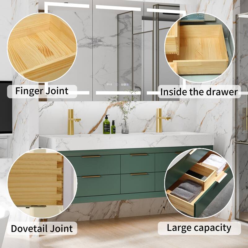 60" Wall-Mount Double Vanity with LED Light. - 60 inch