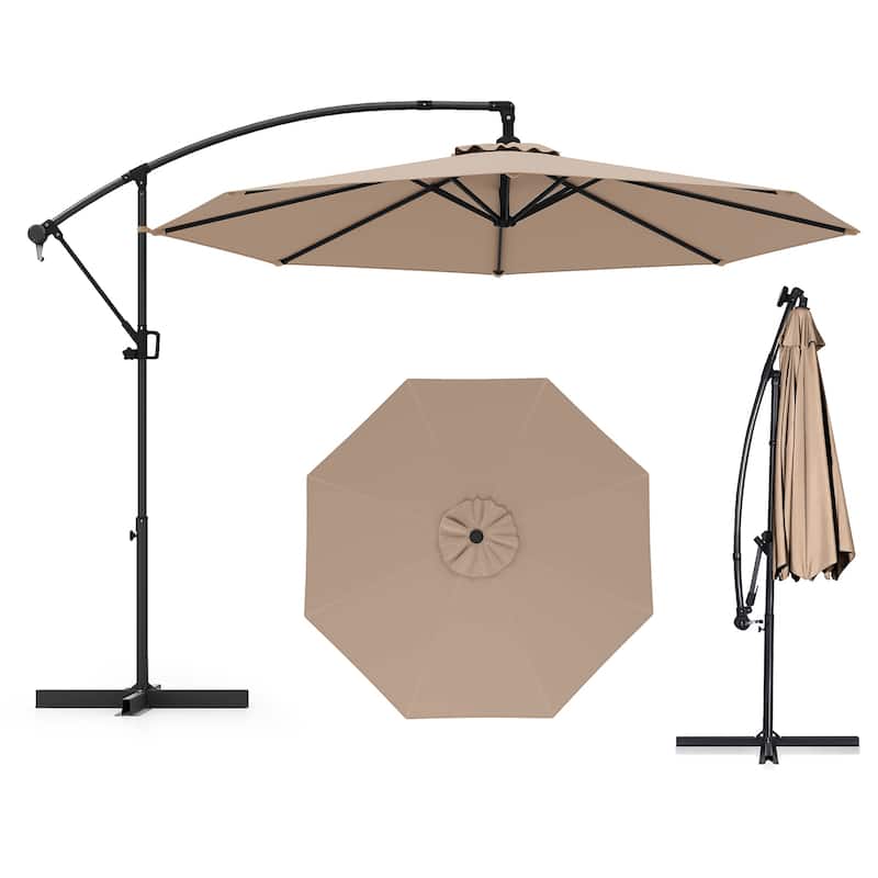 Gymax 10 FT Patio Offset Umbrella w/ X-shaped Base Infinite Tile & - Brown