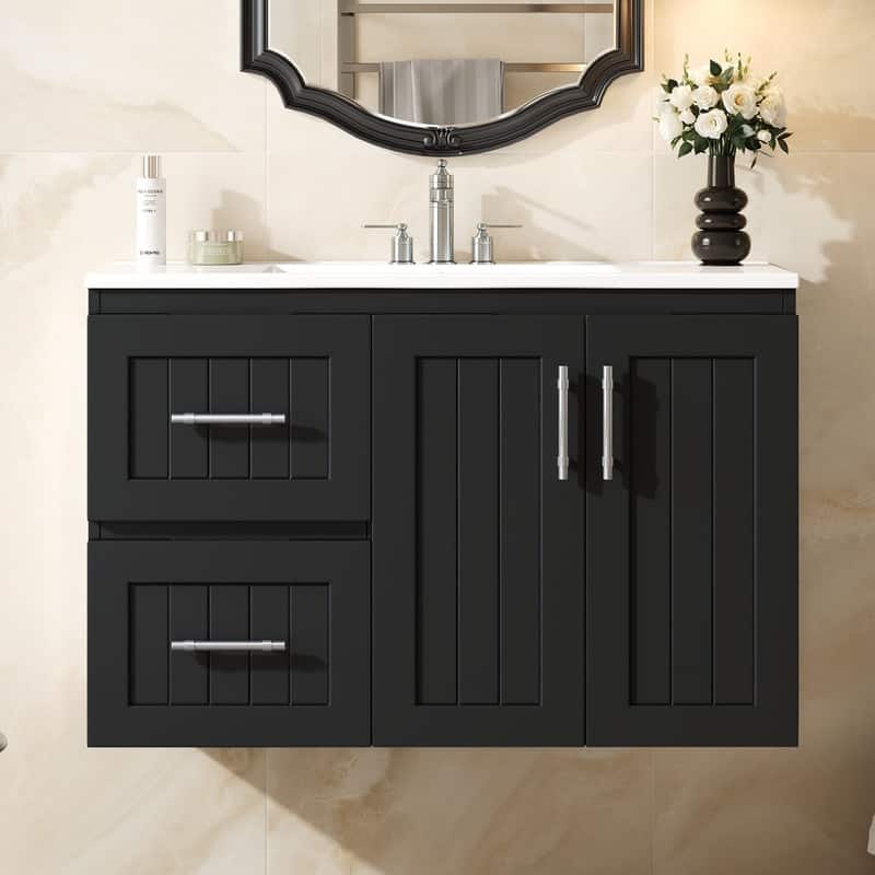 36" Wall Mounted Bathroom Vanity with 2 Drawers, 3 Holes Single Ceramic Sink
