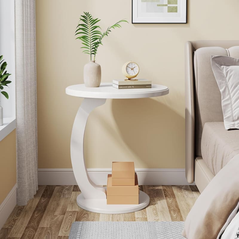 Solid Wood Round End Table Mid Century C-Shaped Side Table for Living Room & Bedroom