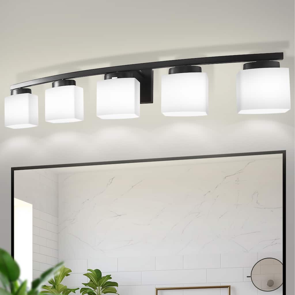 YANSUN 41.3 in. 5-Light Matte Black Industrial Vintage Vanity Light Fixtures for Bathroom with White Glass Shades - 41.3*7.5*6.5