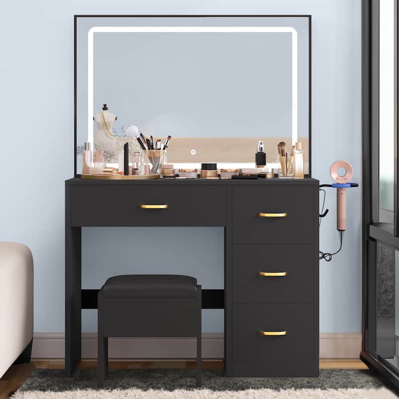 Moasis Vanity Set with Led Lights Makeup Desk Dressing Dresser Desk Table with 4 Drawer - 35.43''L x 15.74''W x 53.54''H - Black
