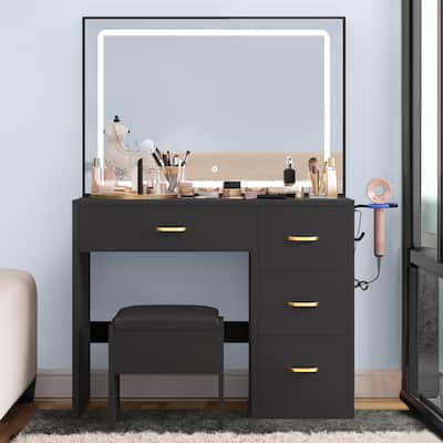 Moasis Vanity Set with Led Lights Makeup Desk Dressing Dresser Desk Table with 4 Drawer - 35.43''L x 15.74''W x 53.54''H