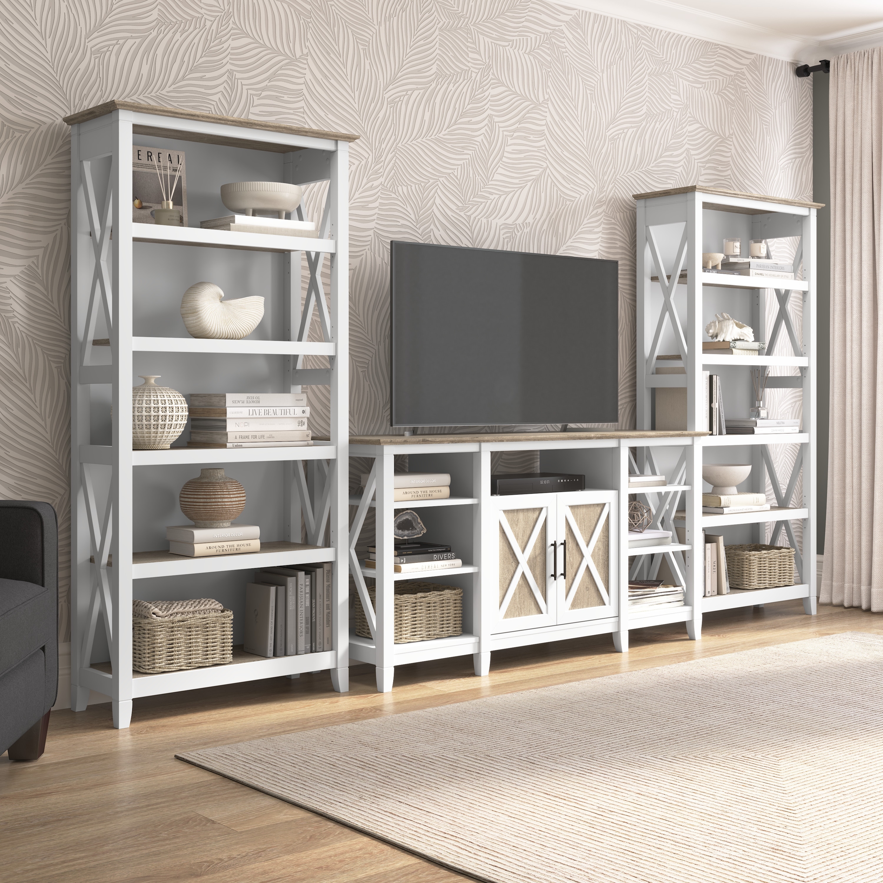 Tall Farmhouse TV Stand with 2 Bookcases by Bush Furniture