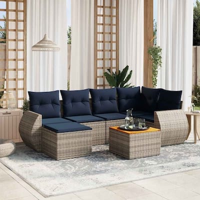 vidaXL 7 Piece Patio Sofa Set with Cushions Gray Poly Rattan - 95.7x33.5x52.4